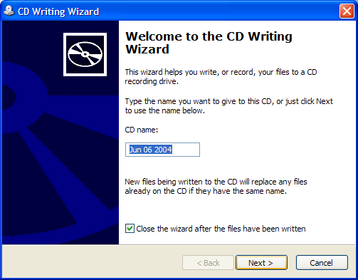 Windows XP Standard CD Writing Wizard